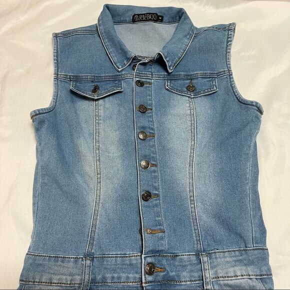 Y2K Denim Romper Jumpsuit Shorts Sleeveless Stretch Button Up Collared Size M - Picture 10 of 14